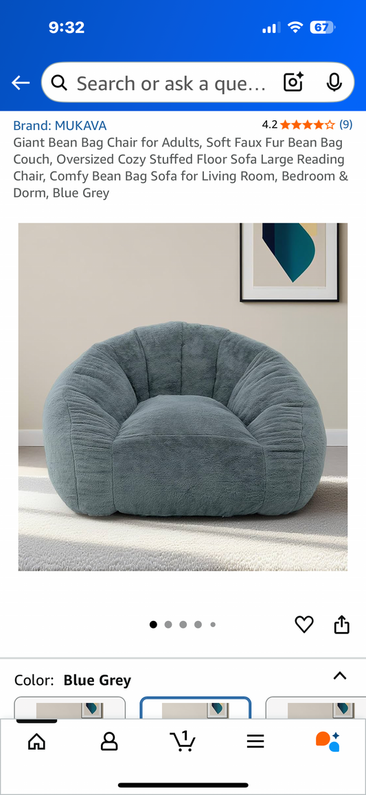 Giant Bean Bag Chair for Adults, Soft Faux Fur, Oversized Comfy Bean Bag Sofa for Living Room, Bedroom & Dorm, Blue Grey (L1024)
