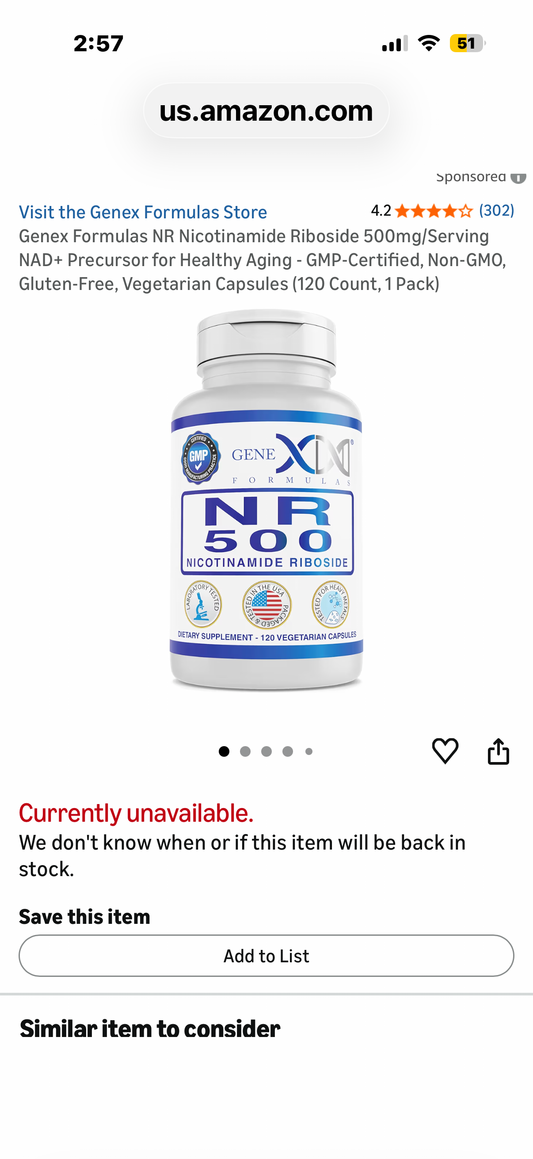 Genex Formulas NR Nicotinamide Riboside 500mg/Serving NAD+ Precursor for Healthy Aging - GMP-Certified, Non-GMO, Gluten-Free, Vegetarian Capsules (120 Count, 1 Pack)