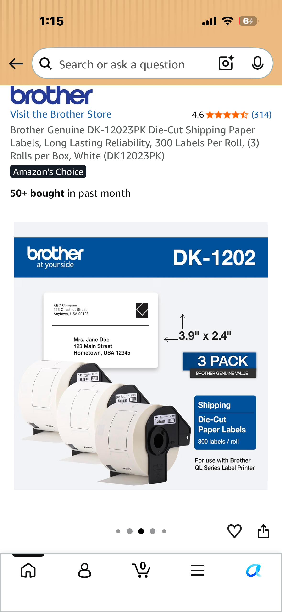 3-Pack, Brother Genuine DK-12023PK Die-Cut Shipping Paper Labels, Long Lasting Reliability, 300 Labels Per Roll, (3) Rolls per Box, White (DK12023PK)