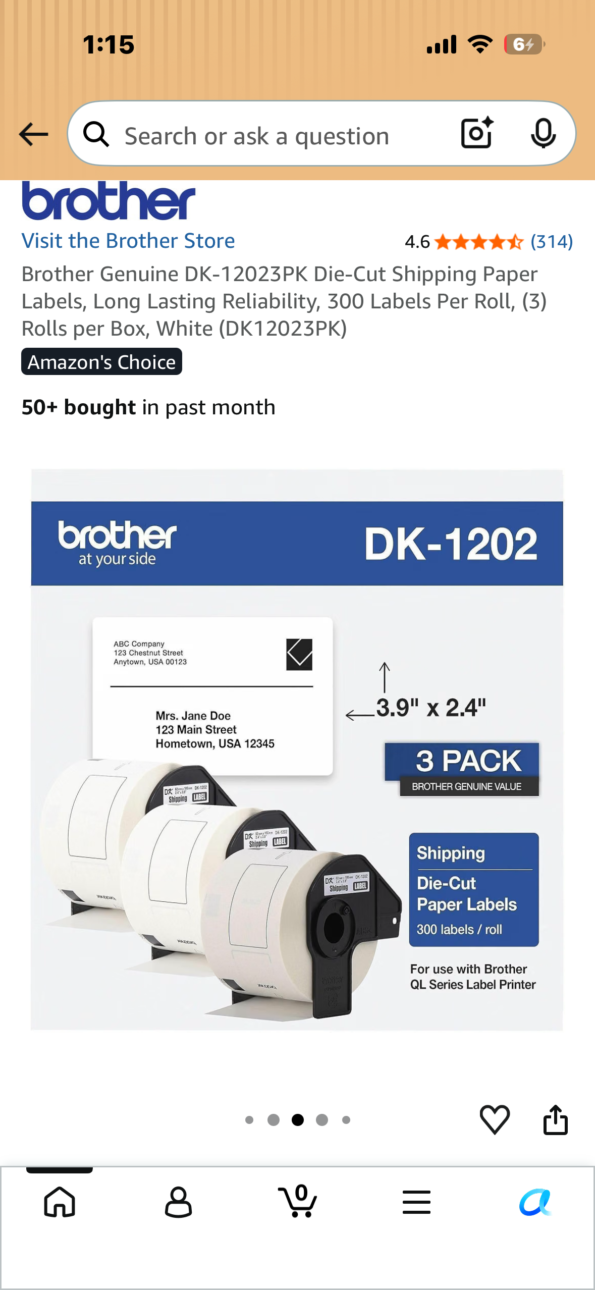 3-Pack, Brother Genuine DK-12023PK Die-Cut Shipping Paper Labels, Long Lasting Reliability, 300 Labels Per Roll, (3) Rolls per Box, White (DK12023PK)