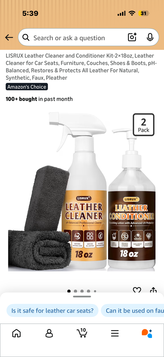 LISRUX Leather Cleaner and Conditioner Kit-2×18oz, Leather Cleaner for Car Seats, Furniture, Couches, Shoes & Boots, pH-Balanced, Restores & Protects All Leather For Natural, Synthetic, Faux, Pleather
