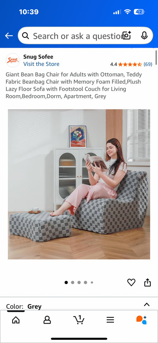 Giant Bean Bag Chair for Adults with Ottoman, Teddy Fabric Beanbag Chair with Memory Foam, Plush Lazy Floor Sofa with Footstool, for Living Room, Bedroom, Dorm, Apartment, Grey (L1025)