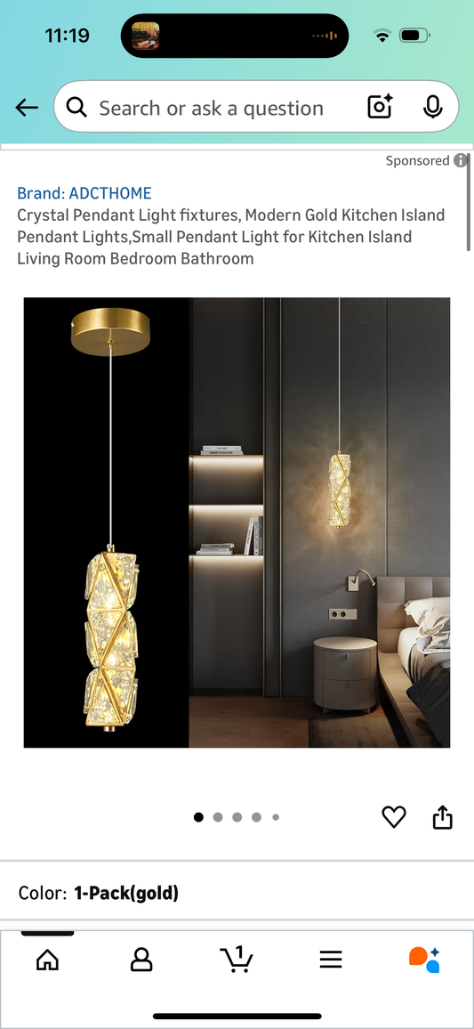 Crystal Pendant Light fixtures, Modern Gold Kitchen Island Pendant Lights,Small Pendant Light for Kitchen Island Living Room Bedroom Bathroom