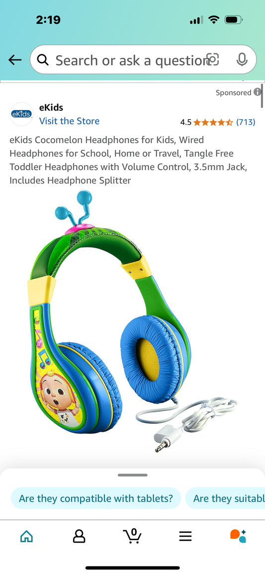 eKids Cocomelon Headphones for Kids, Wired Headphones for School, Home or Travel, Tangle Free Toddler Headphones with Volume Control, 3.5mm Jack, Includes Headphone Splitter