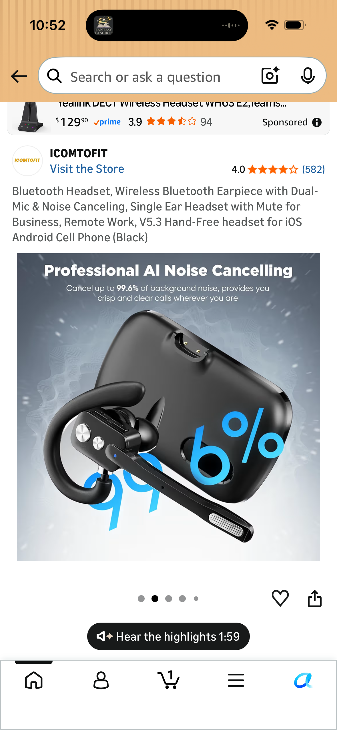 Bluetooth Headset, Wireless Bluetooth Earpiece with Dual-Mic & Noise Canceling, Single Ear Headset with Mute for Business, Remote Work, V5.3 Hand-Free headset for iOS Android Cell Phone (Black)