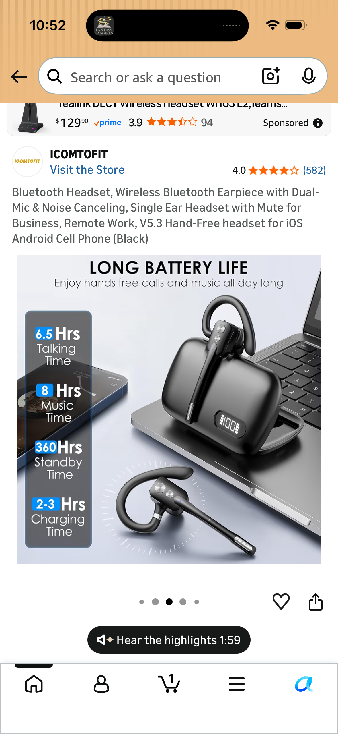 Bluetooth Headset, Wireless Bluetooth Earpiece with Dual-Mic & Noise Canceling, Single Ear Headset with Mute for Business, Remote Work, V5.3 Hand-Free headset for iOS Android Cell Phone (Black)