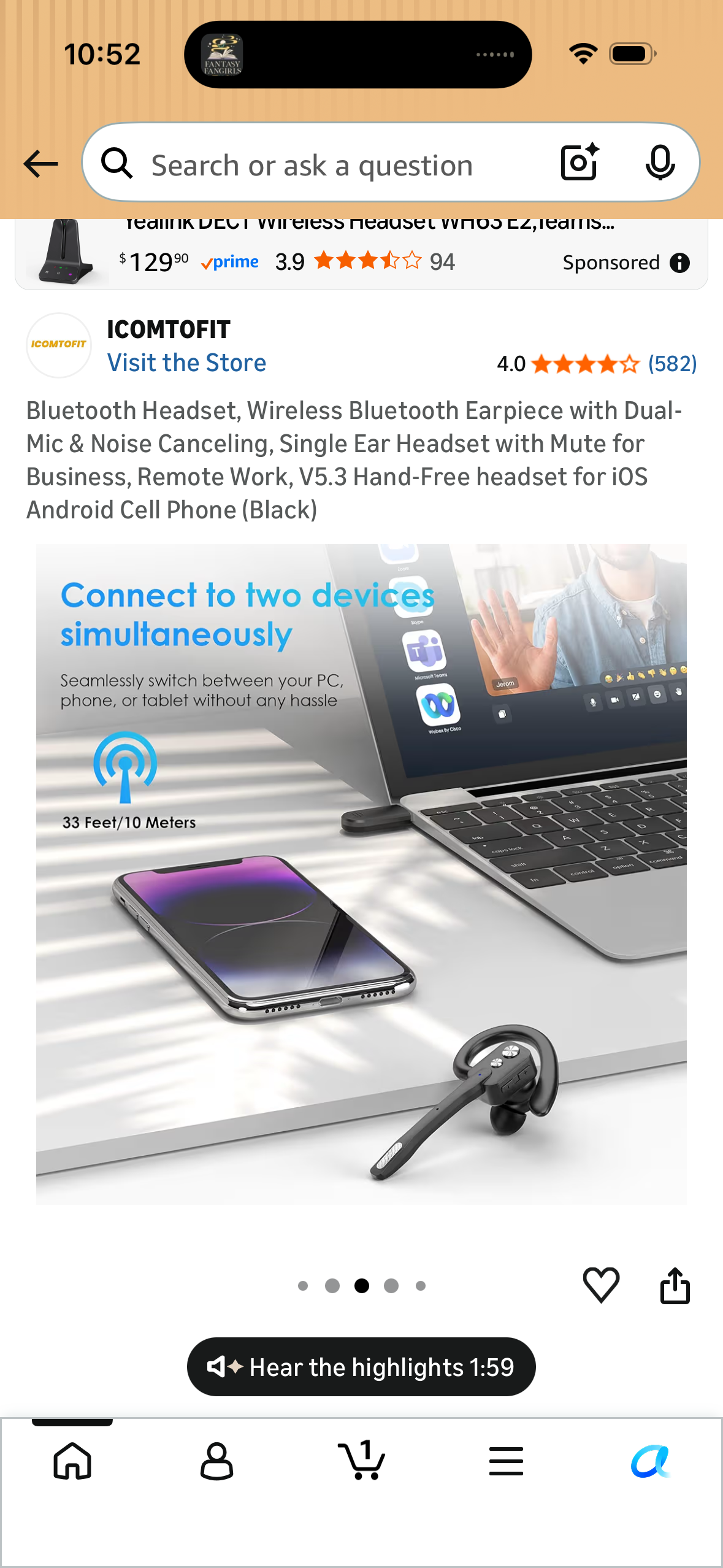 Bluetooth Headset, Wireless Bluetooth Earpiece with Dual-Mic & Noise Canceling, Single Ear Headset with Mute for Business, Remote Work, V5.3 Hand-Free headset for iOS Android Cell Phone (Black)
