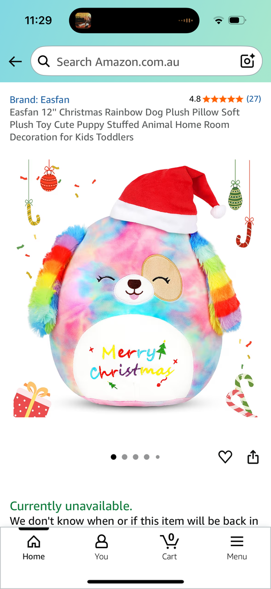 Easfan 12'' Christmas Rainbow Dog Plush Pillow Soft Plush Toy Cute Puppy Stuffed Animal Home Room Decoration for Kids Toddlers