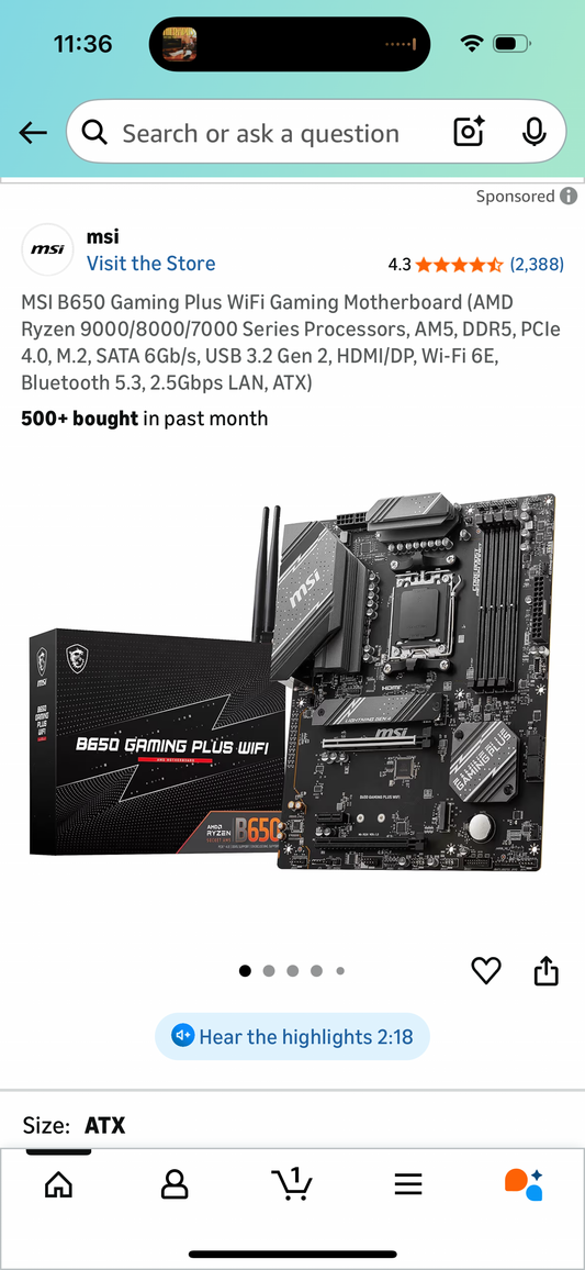 MSI B650 Gaming Plus WiFi Gaming Motherboard (AMD Ryzen 9000/8000/7000 Series Processors, AM5, DDR5, PCIe 4.0, M.2, SATA 6Gb/s, USB 3.2 Gen 2, HDMI/DP, Wi-Fi 6E, Bluetooth 5.3, 2.5Gbps LAN, ATX)