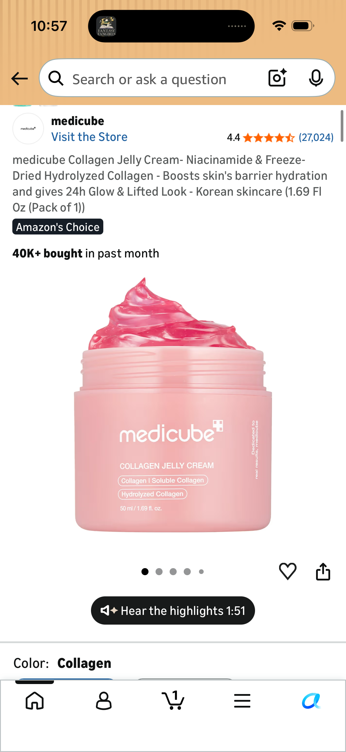 medicube Collagen Jelly Cream- Niacinamide & Freeze-Dried Hydrolyzed Collagen - Boosts skin's barrier hydration and gives 24h Glow & Lifted Look - Korean skincare (1.69 Fl Oz (Pack of 1))