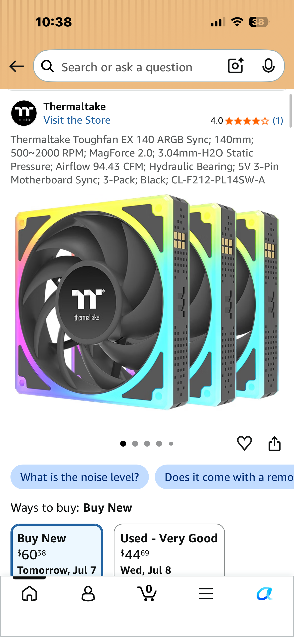 Thermaltake Toughfan EX 140 ARGB Sync; 140mm; 500~2000 RPM; MagForce 2.0; 3.04mm-H2O Static Pressure; Airflow 94.43 CFM; Hydraulic Bearing; 5V 3-Pin Motherboard Sync; 3-Pack; Black; CL-F212-PL14SW-A
