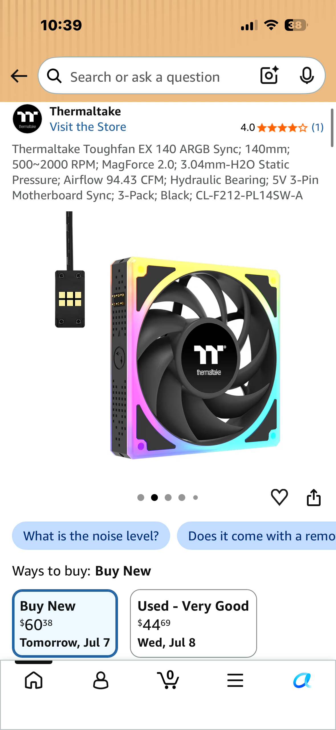Thermaltake Toughfan EX 140 ARGB Sync; 140mm; 500~2000 RPM; MagForce 2.0; 3.04mm-H2O Static Pressure; Airflow 94.43 CFM; Hydraulic Bearing; 5V 3-Pin Motherboard Sync; 3-Pack; Black; CL-F212-PL14SW-A