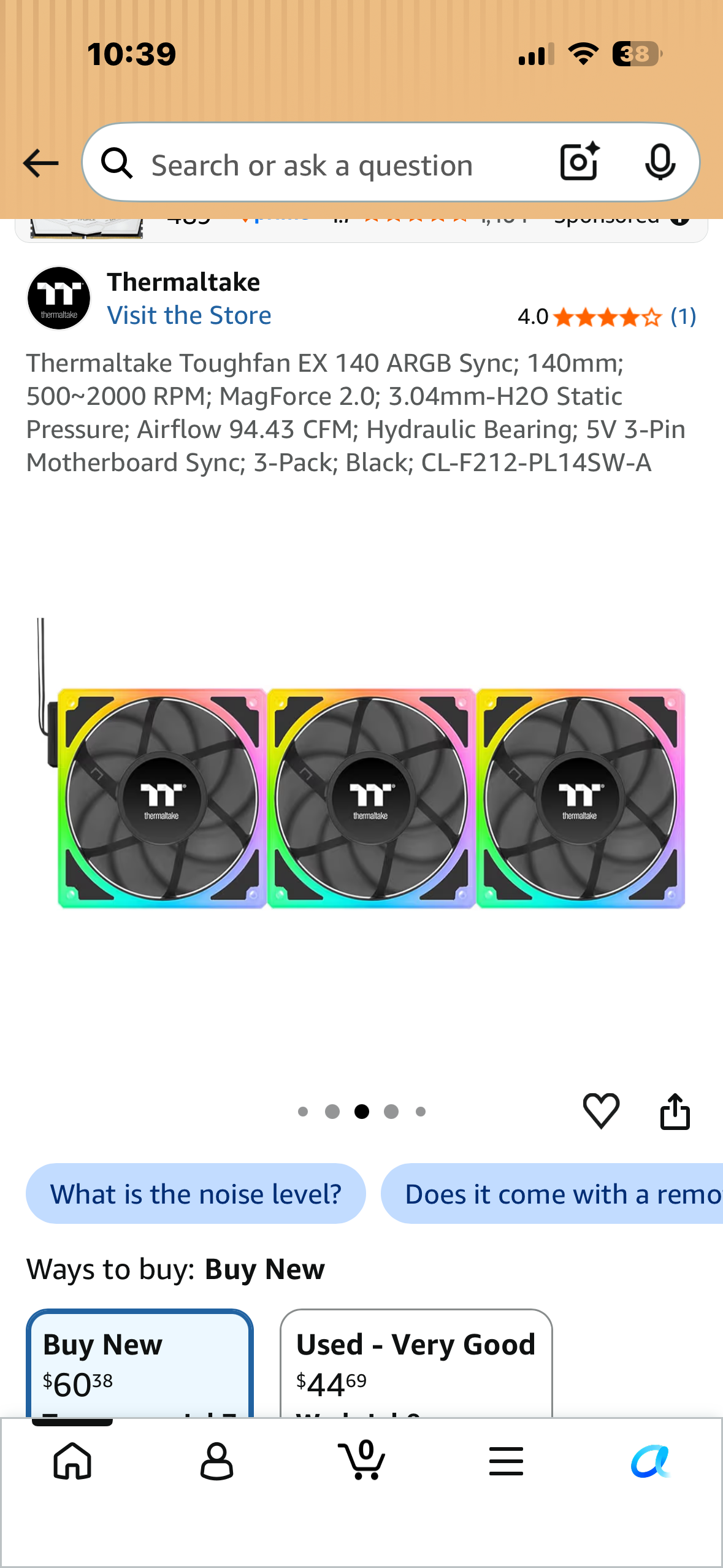 Thermaltake Toughfan EX 140 ARGB Sync; 140mm; 500~2000 RPM; MagForce 2.0; 3.04mm-H2O Static Pressure; Airflow 94.43 CFM; Hydraulic Bearing; 5V 3-Pin Motherboard Sync; 3-Pack; Black; CL-F212-PL14SW-A