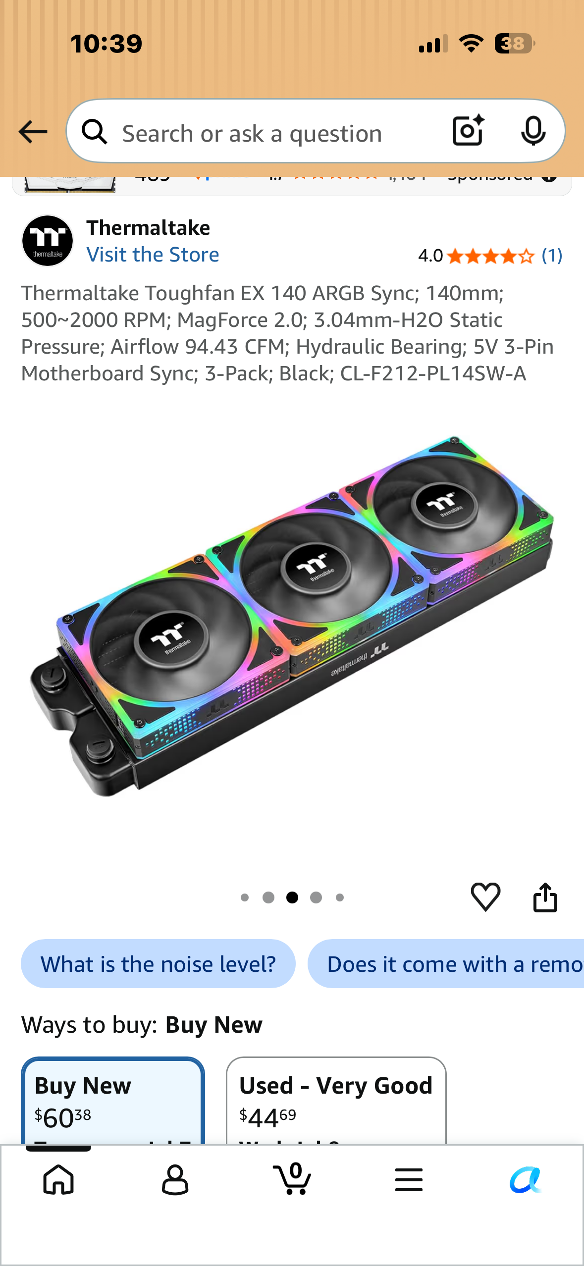 Thermaltake Toughfan EX 140 ARGB Sync; 140mm; 500~2000 RPM; MagForce 2.0; 3.04mm-H2O Static Pressure; Airflow 94.43 CFM; Hydraulic Bearing; 5V 3-Pin Motherboard Sync; 3-Pack; Black; CL-F212-PL14SW-A