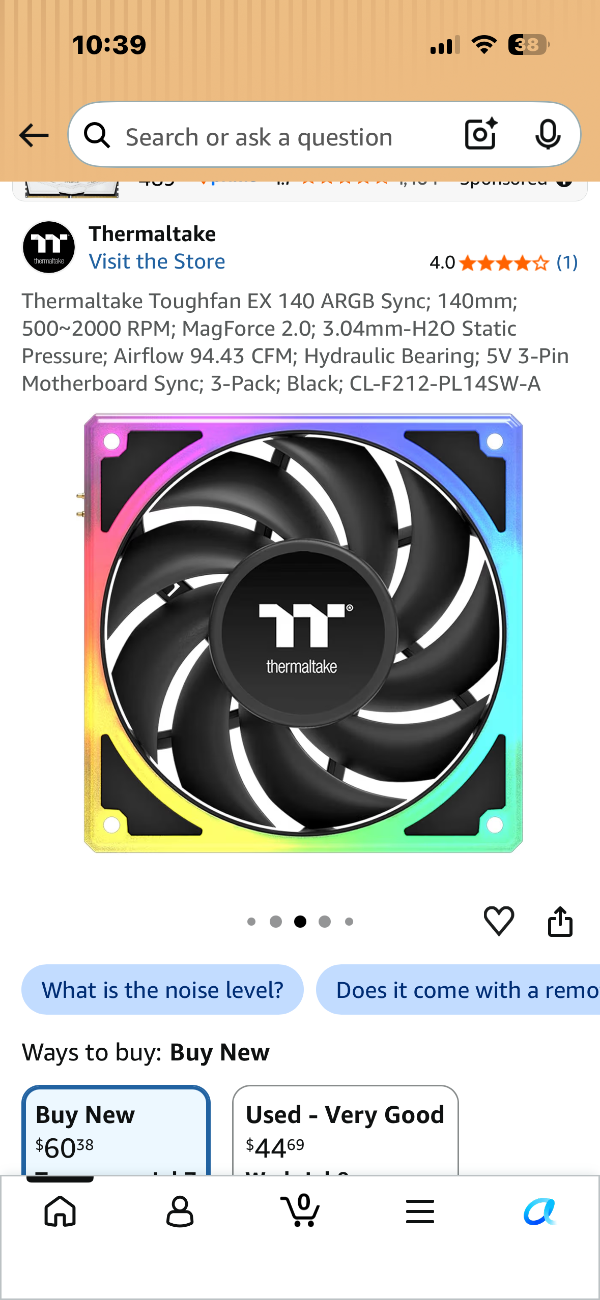 Thermaltake Toughfan EX 140 ARGB Sync; 140mm; 500~2000 RPM; MagForce 2.0; 3.04mm-H2O Static Pressure; Airflow 94.43 CFM; Hydraulic Bearing; 5V 3-Pin Motherboard Sync; 3-Pack; Black; CL-F212-PL14SW-A