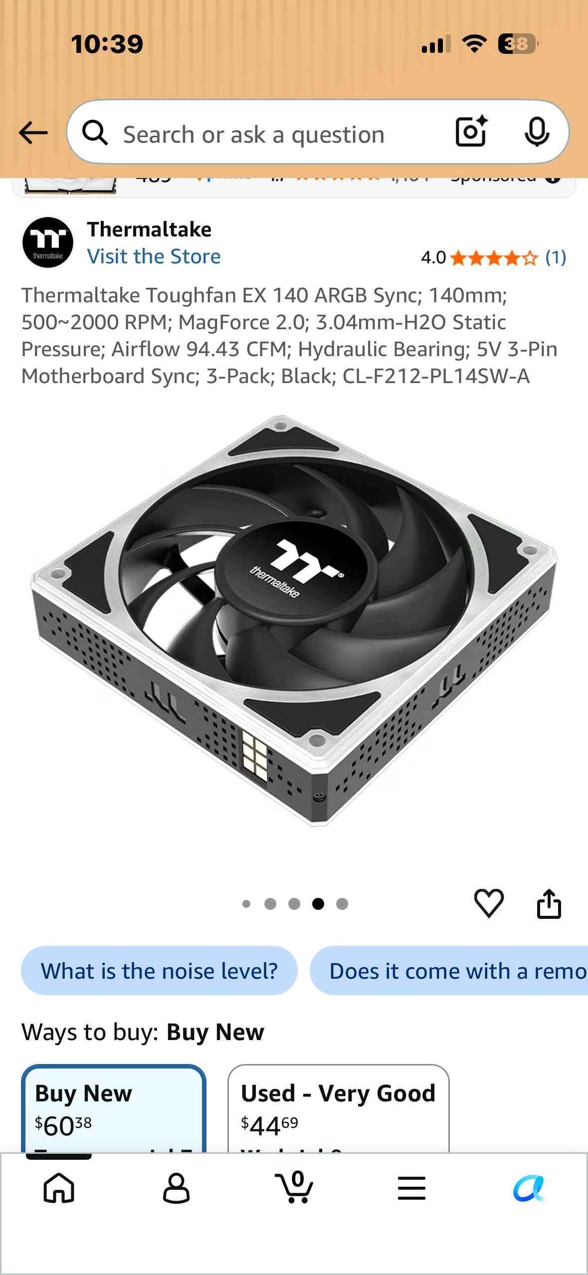 Thermaltake Toughfan EX 140 ARGB Sync; 140mm; 500~2000 RPM; MagForce 2.0; 3.04mm-H2O Static Pressure; Airflow 94.43 CFM; Hydraulic Bearing; 5V 3-Pin Motherboard Sync; 3-Pack; Black; CL-F212-PL14SW-A