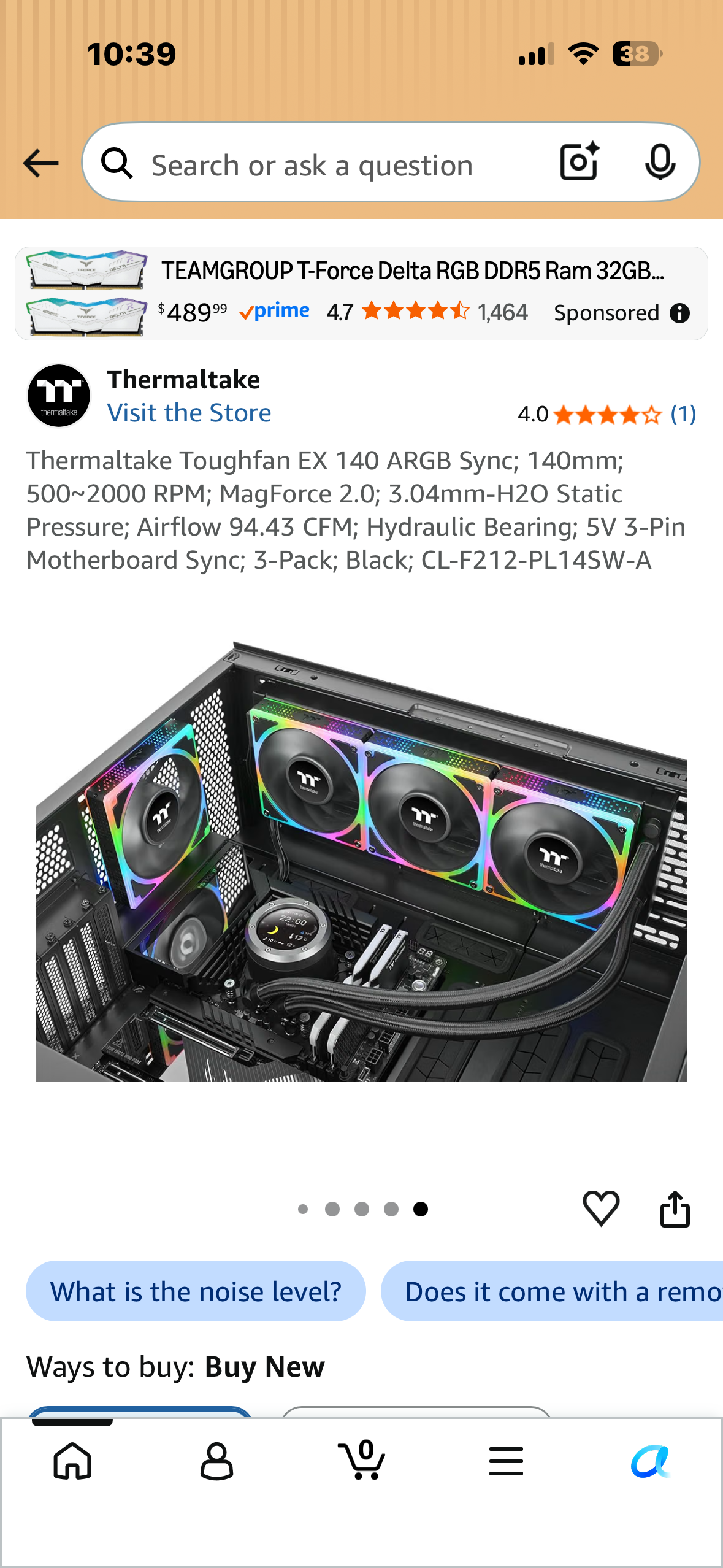 Thermaltake Toughfan EX 140 ARGB Sync; 140mm; 500~2000 RPM; MagForce 2.0; 3.04mm-H2O Static Pressure; Airflow 94.43 CFM; Hydraulic Bearing; 5V 3-Pin Motherboard Sync; 3-Pack; Black; CL-F212-PL14SW-A
