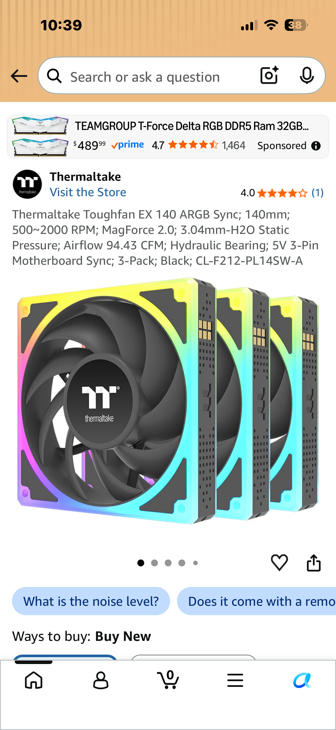 Thermaltake Toughfan EX 140 ARGB Sync; 140mm; 500~2000 RPM; MagForce 2.0; 3.04mm-H2O Static Pressure; Airflow 94.43 CFM; Hydraulic Bearing; 5V 3-Pin Motherboard Sync; 3-Pack; Black; CL-F212-PL14SW-A