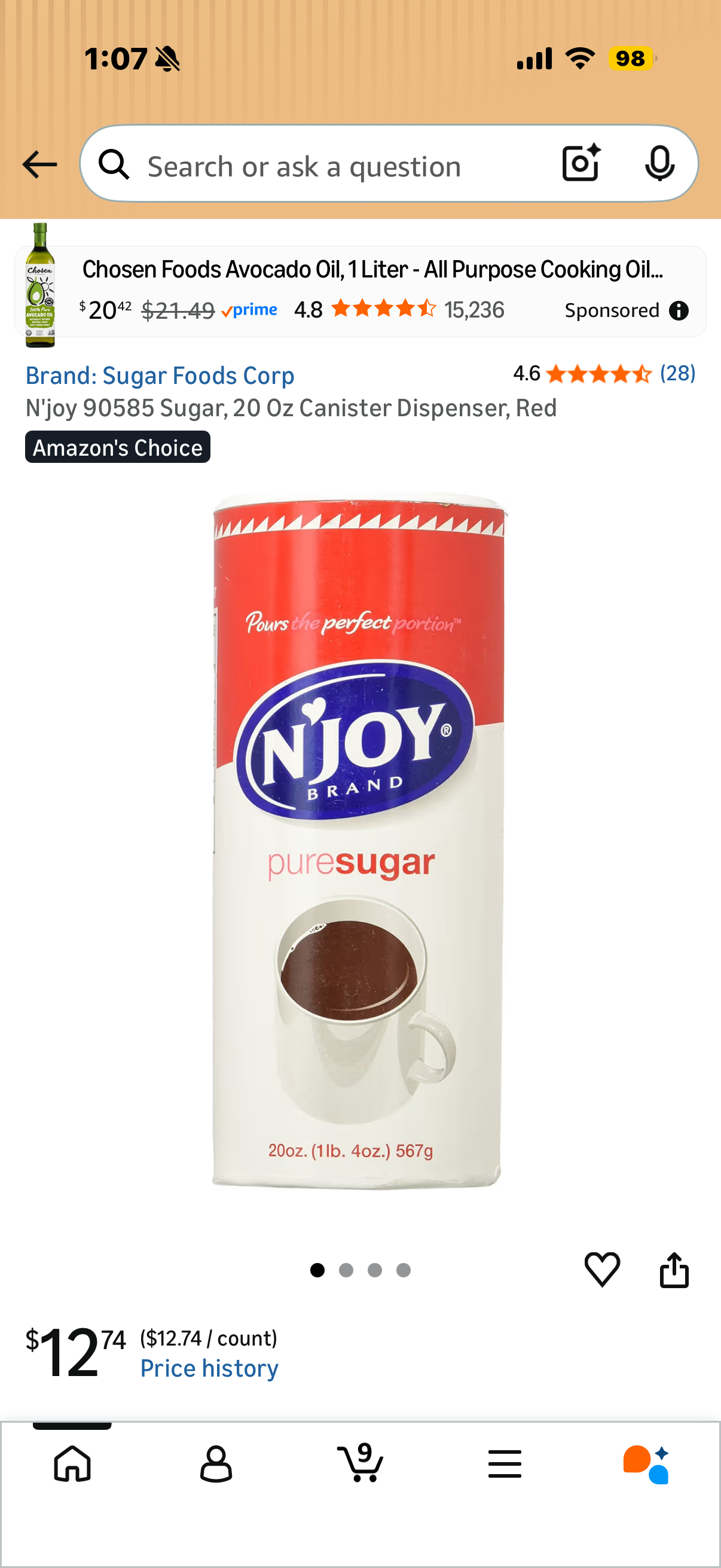 N'joy 90585 Sugar, 20 Oz Canister Dispenser, Red