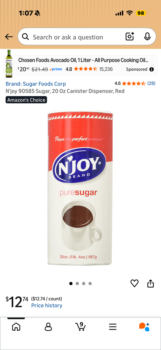 N'joy 90585 Sugar, 20 Oz Canister Dispenser, Red