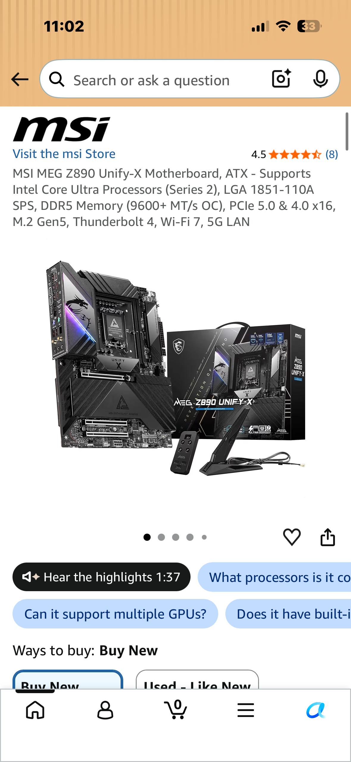 MSI MEG Z890 Unify-X Motherboard, ATX - Supports Intel Core Ultra Processors (Series 2), LGA 1851-110A SPS, DDR5 Memory (9600+ MT/s OC), PCIe 5.0 & 4.0 x16, M.2 Gen5, Thunderbolt 4, Wi-Fi 7, 5G LAN (MPS)