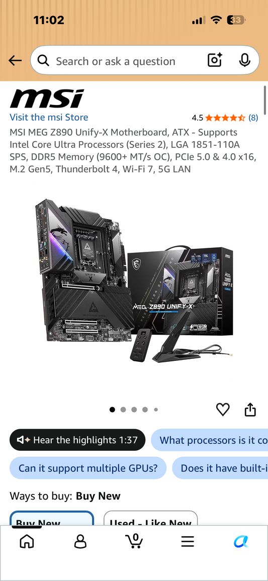 MSI MEG Z890 Unify-X Motherboard, ATX - Supports Intel Core Ultra Processors (Series 2), LGA 1851-110A SPS, DDR5 Memory (9600+ MT/s OC), PCIe 5.0 & 4.0 x16, M.2 Gen5, Thunderbolt 4, Wi-Fi 7, 5G LAN (MPS)