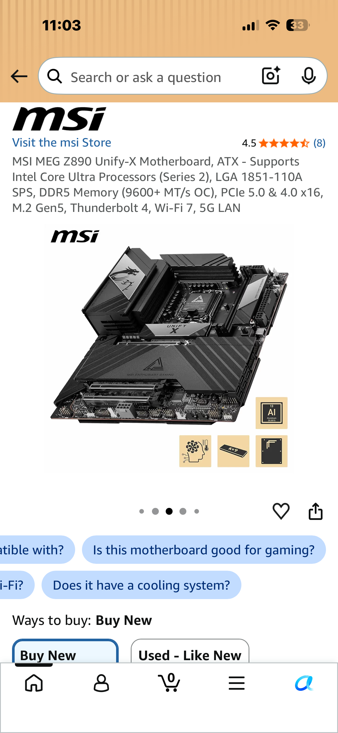 MSI MEG Z890 Unify-X Motherboard, ATX - Supports Intel Core Ultra Processors (Series 2), LGA 1851-110A SPS, DDR5 Memory (9600+ MT/s OC), PCIe 5.0 & 4.0 x16, M.2 Gen5, Thunderbolt 4, Wi-Fi 7, 5G LAN (MPS)