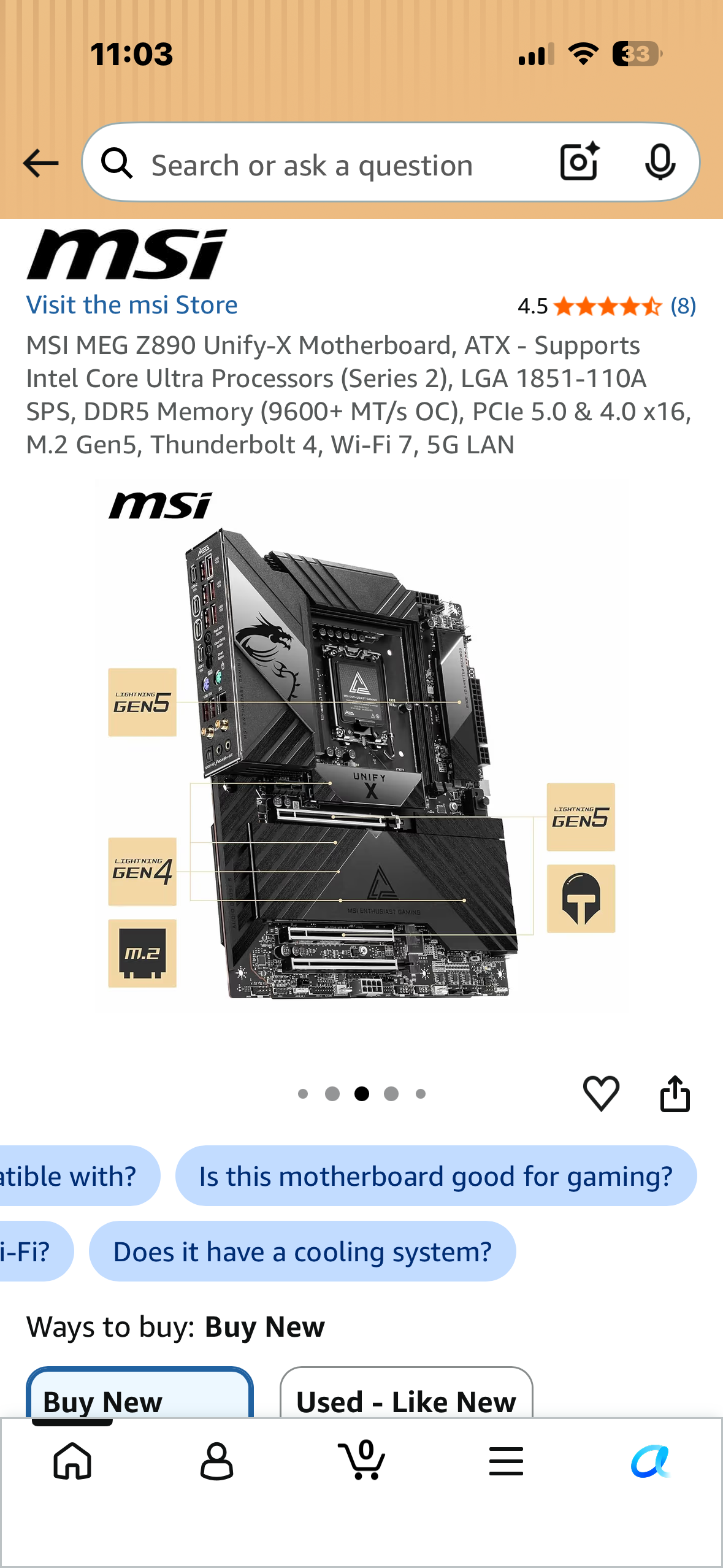 MSI MEG Z890 Unify-X Motherboard, ATX - Supports Intel Core Ultra Processors (Series 2), LGA 1851-110A SPS, DDR5 Memory (9600+ MT/s OC), PCIe 5.0 & 4.0 x16, M.2 Gen5, Thunderbolt 4, Wi-Fi 7, 5G LAN (MPS)