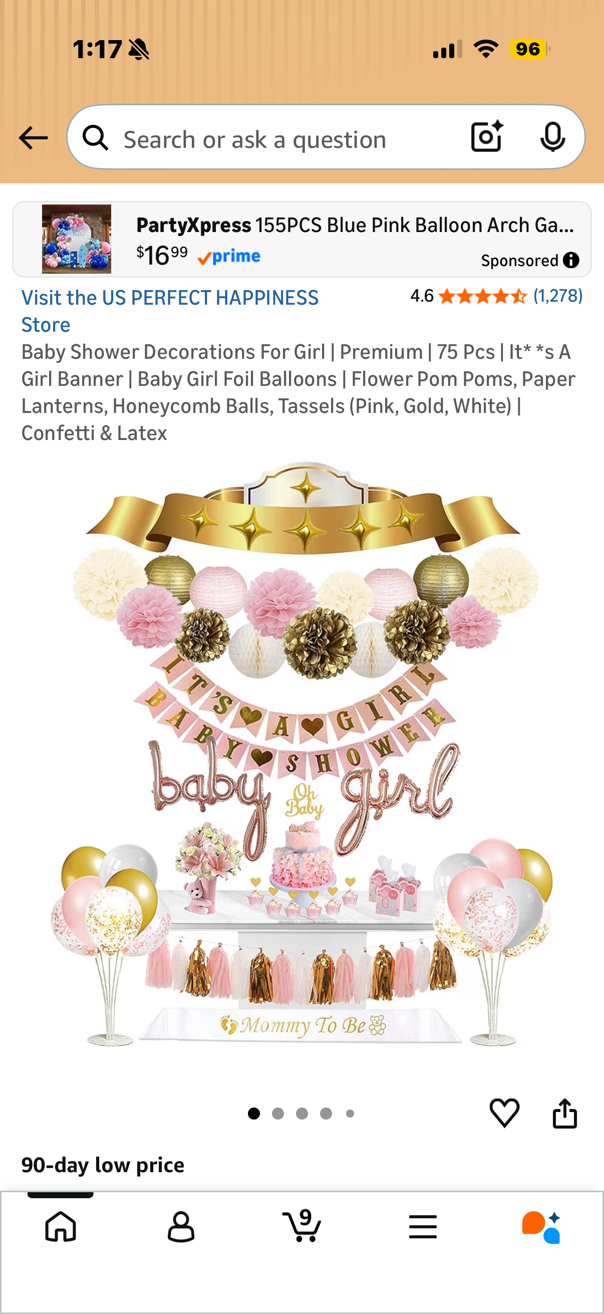 Baby Shower Decorations For Girl | Premium | 75 Pcs | It* *s A Girl Banner | Baby Girl Foil Balloons | Flower Pom Poms, Paper Lanterns, Honeycomb Balls, Tassels (Pink, Gold, White) | Confetti & Latex