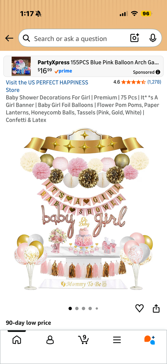 Baby Shower Decorations For Girl | Premium | 75 Pcs | It* *s A Girl Banner | Baby Girl Foil Balloons | Flower Pom Poms, Paper Lanterns, Honeycomb Balls, Tassels (Pink, Gold, White) | Confetti & Latex
