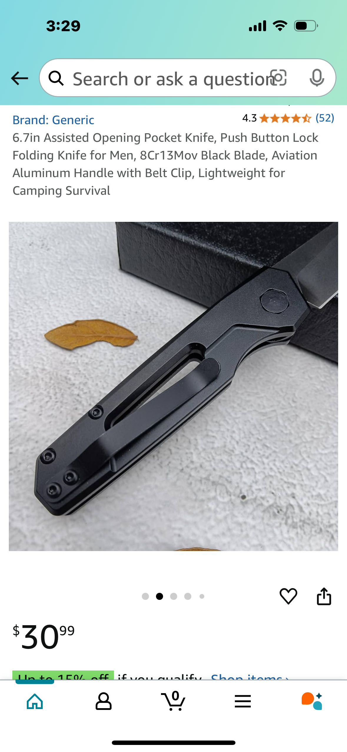 6.7in Assisted Opening Pocket Knife, Push Button Lock Folding Knife for Men, 8Cr13Mov Black Blade, Aviation Aluminum Handle with Belt Clip, Lightweight for Camping Survival