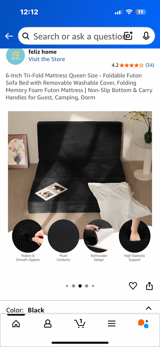 Tri-Fold Mattress Queen Size - Foldable Futon Sofa Bed with Removable Washable Cover, Folding Memory Foam Futon Mattress | Non-Slip Bottom & Carry Handles for Guest, Camping, Dorm (B1098)