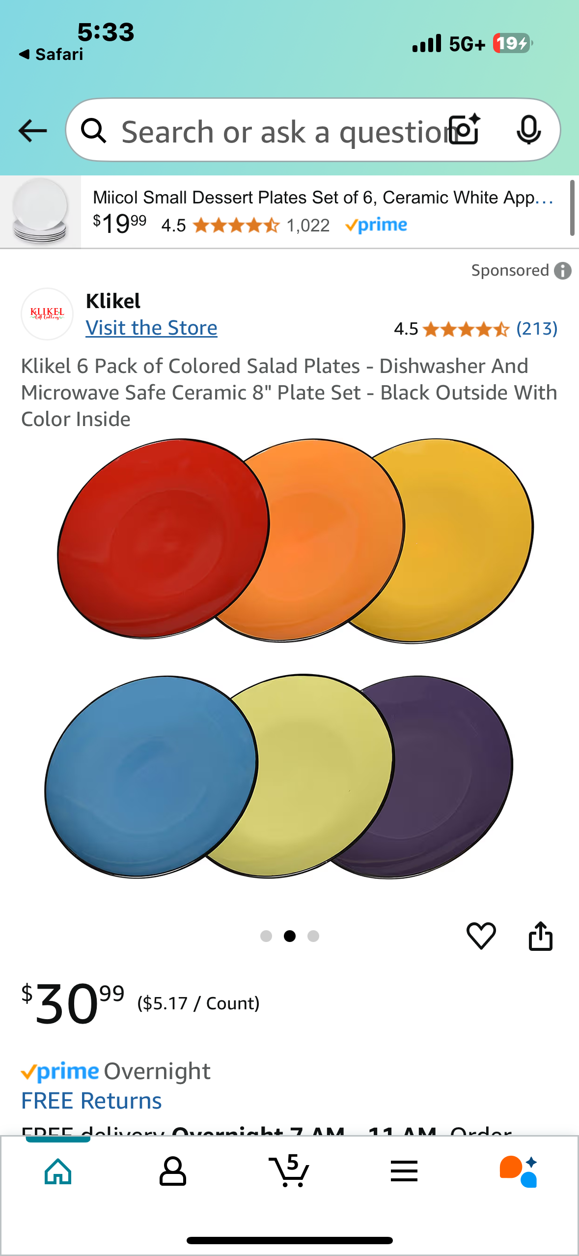 Klikel 6 Pack of Colored Salad Plates - Dishwasher And Microwave Safe Ceramic 8" Plate Set - Black Outside With Color Inside