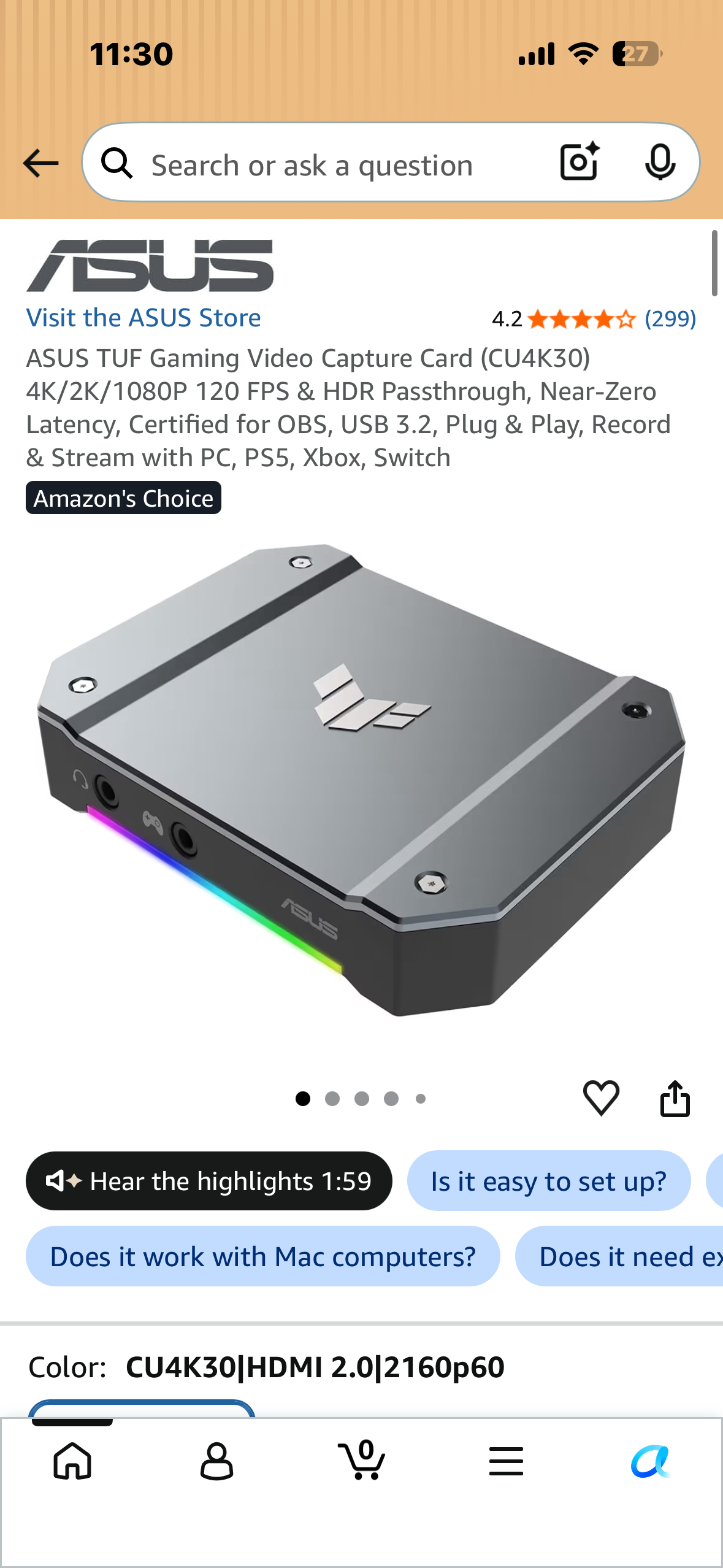 ASUS TUF Gaming Video Capture Card (CU4K30) 4K/2K/1080P 120 FPS & HDR Passthrough, Near-Zero Latency, Certified for OBS, USB 3.2, Plug & Play, Record & Stream with PC, PS5, Xbox, Switch
