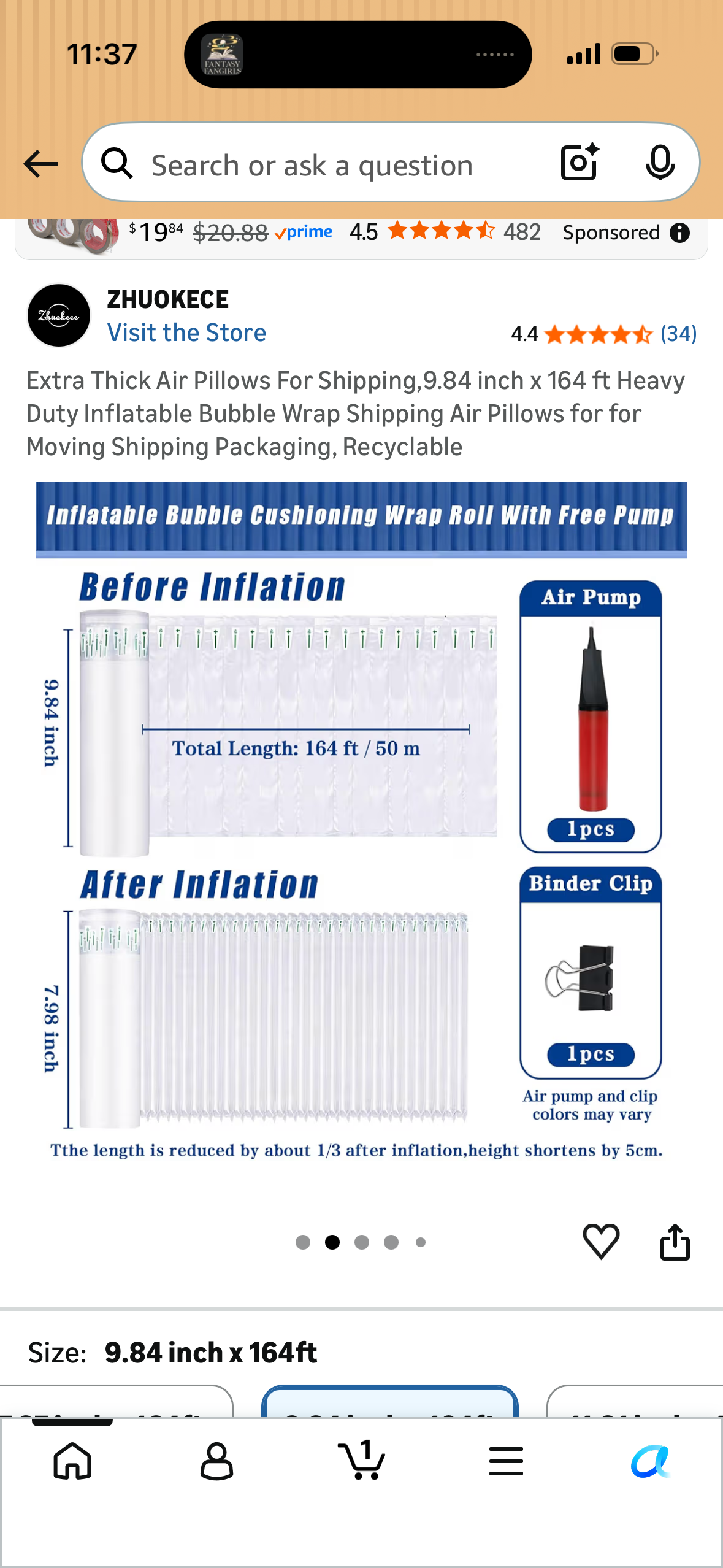 Extra Thick Air Pillows For Shipping,9.84 inch x 164 ft Heavy Duty Inflatable Bubble Wrap Shipping Air Pillows for for Moving Shipping Packaging, Recyclable