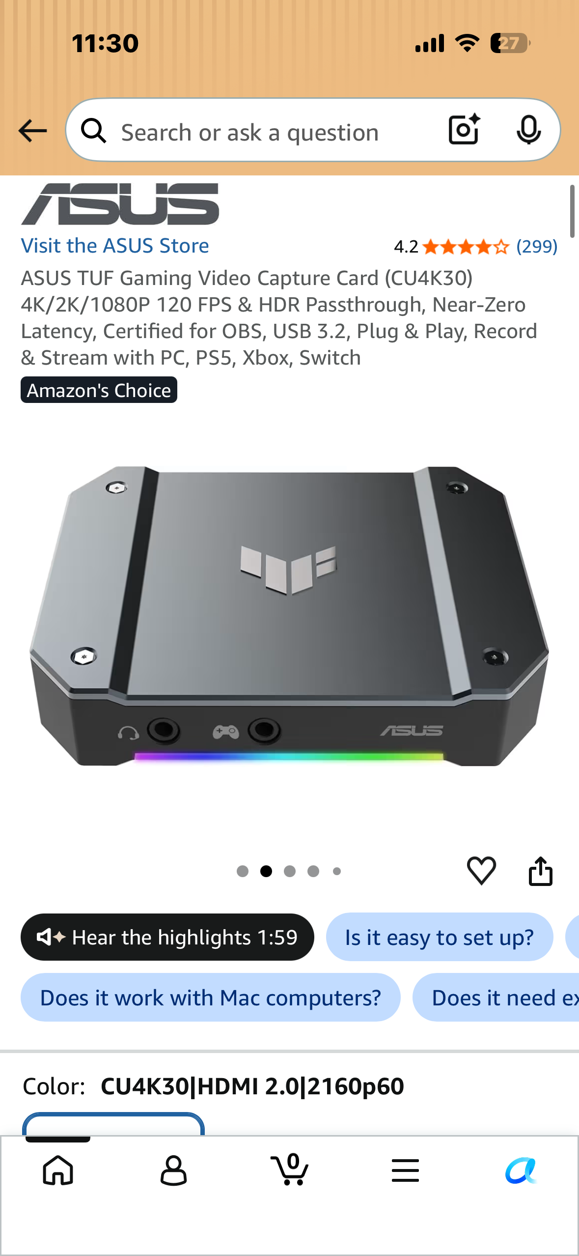 ASUS TUF Gaming Video Capture Card (CU4K30) 4K/2K/1080P 120 FPS & HDR Passthrough, Near-Zero Latency, Certified for OBS, USB 3.2, Plug & Play, Record & Stream with PC, PS5, Xbox, Switch