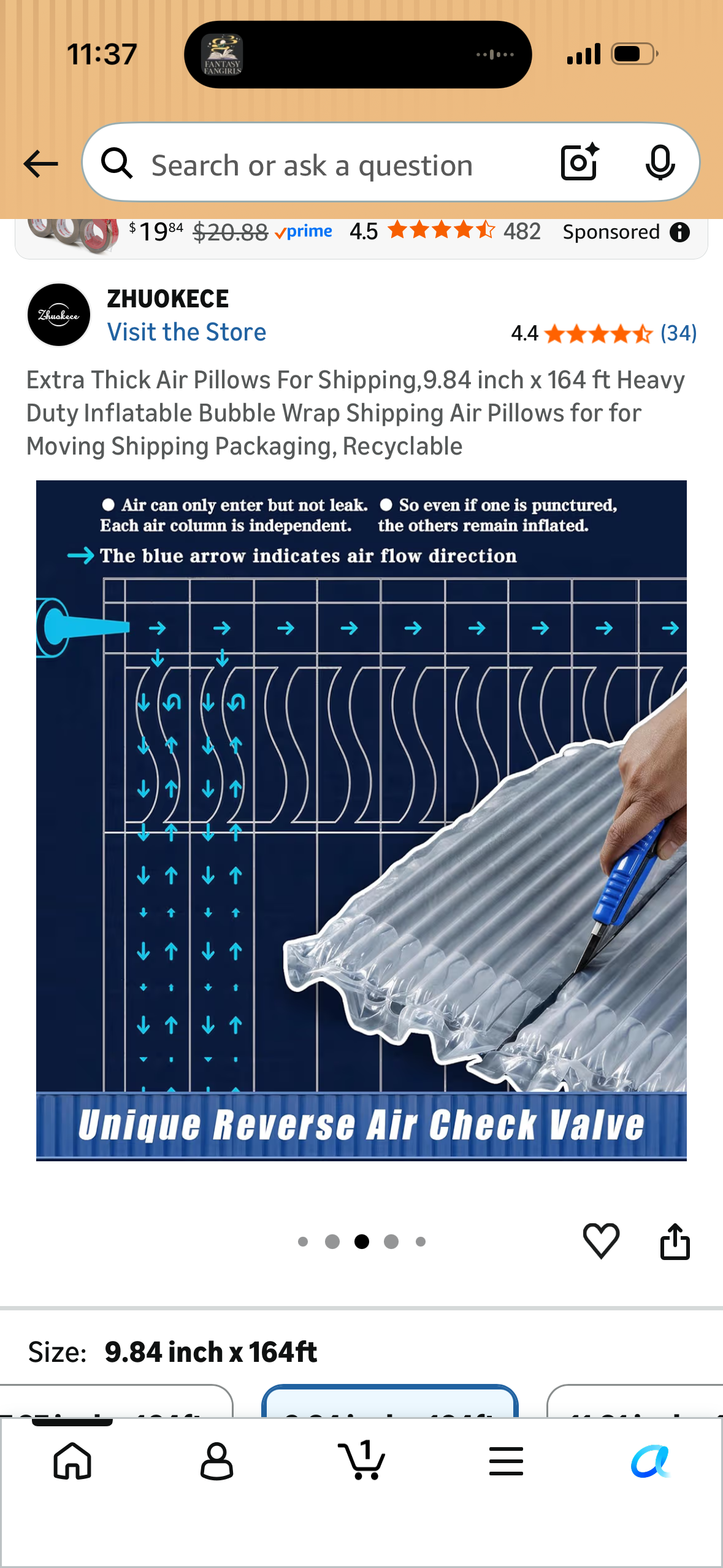 Extra Thick Air Pillows For Shipping,9.84 inch x 164 ft Heavy Duty Inflatable Bubble Wrap Shipping Air Pillows for for Moving Shipping Packaging, Recyclable