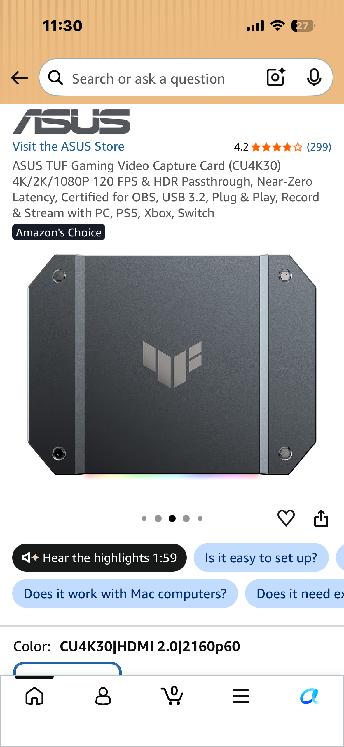 ASUS TUF Gaming Video Capture Card (CU4K30) 4K/2K/1080P 120 FPS & HDR Passthrough, Near-Zero Latency, Certified for OBS, USB 3.2, Plug & Play, Record & Stream with PC, PS5, Xbox, Switch
