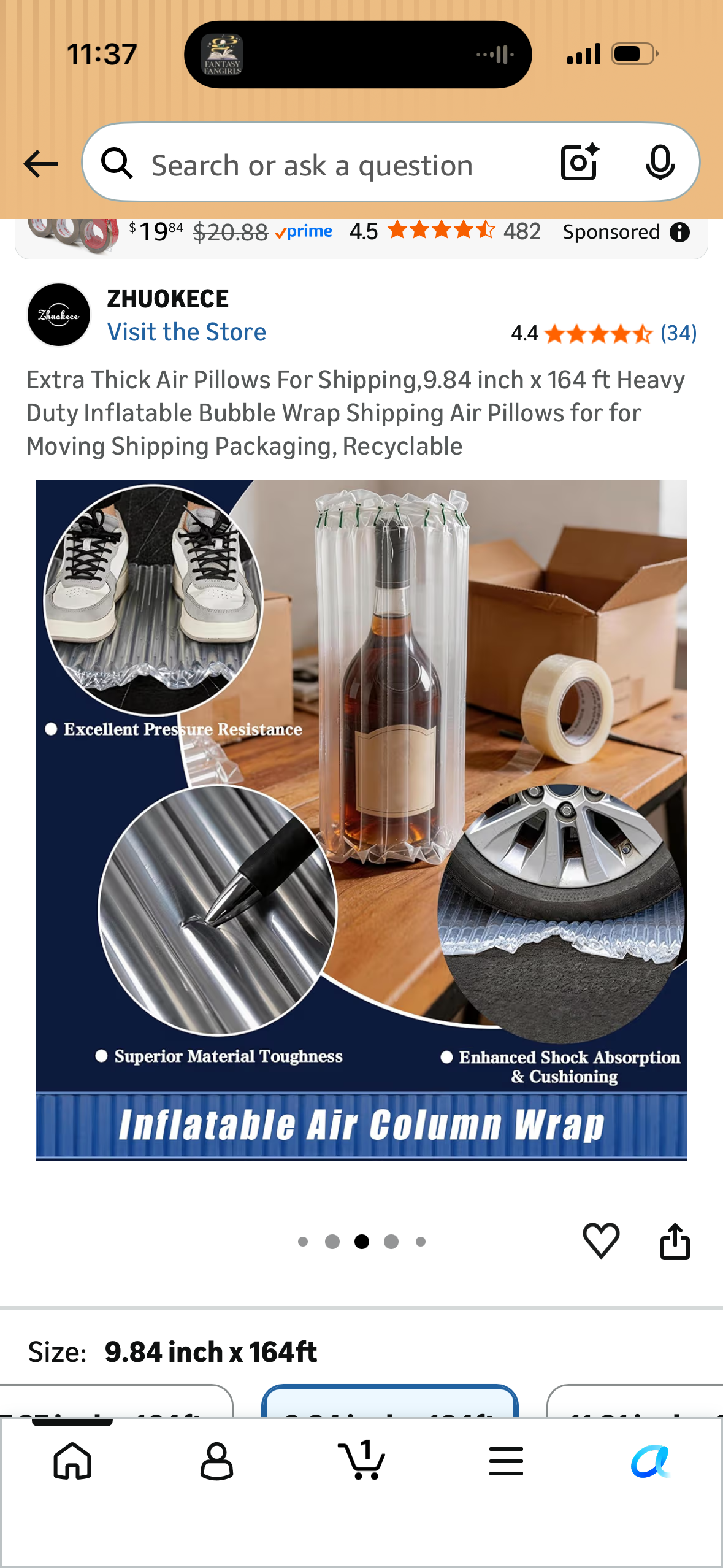 Extra Thick Air Pillows For Shipping,9.84 inch x 164 ft Heavy Duty Inflatable Bubble Wrap Shipping Air Pillows for for Moving Shipping Packaging, Recyclable