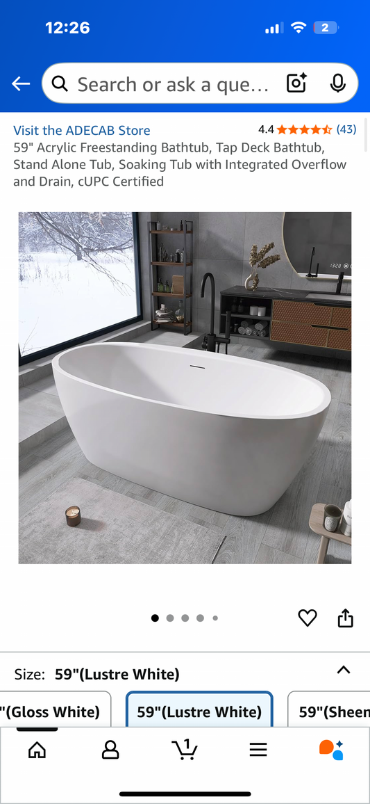 59" Acrylic Freestanding Bathtub, Tap Deck Bathtub, Stand Alone Tub, Soaking Tub with Integrated Overflow and Drain, CUPC Certified (B1099)