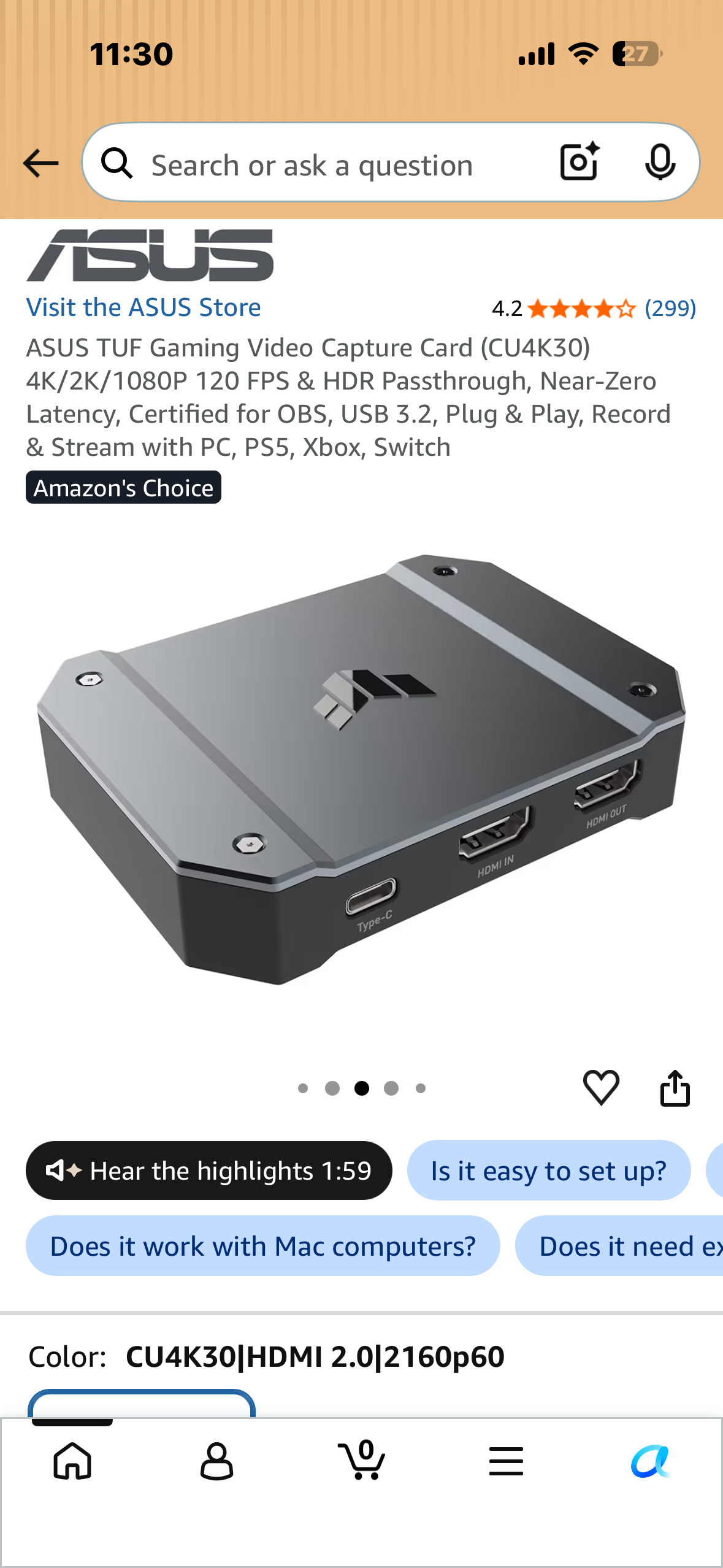 ASUS TUF Gaming Video Capture Card (CU4K30) 4K/2K/1080P 120 FPS & HDR Passthrough, Near-Zero Latency, Certified for OBS, USB 3.2, Plug & Play, Record & Stream with PC, PS5, Xbox, Switch
