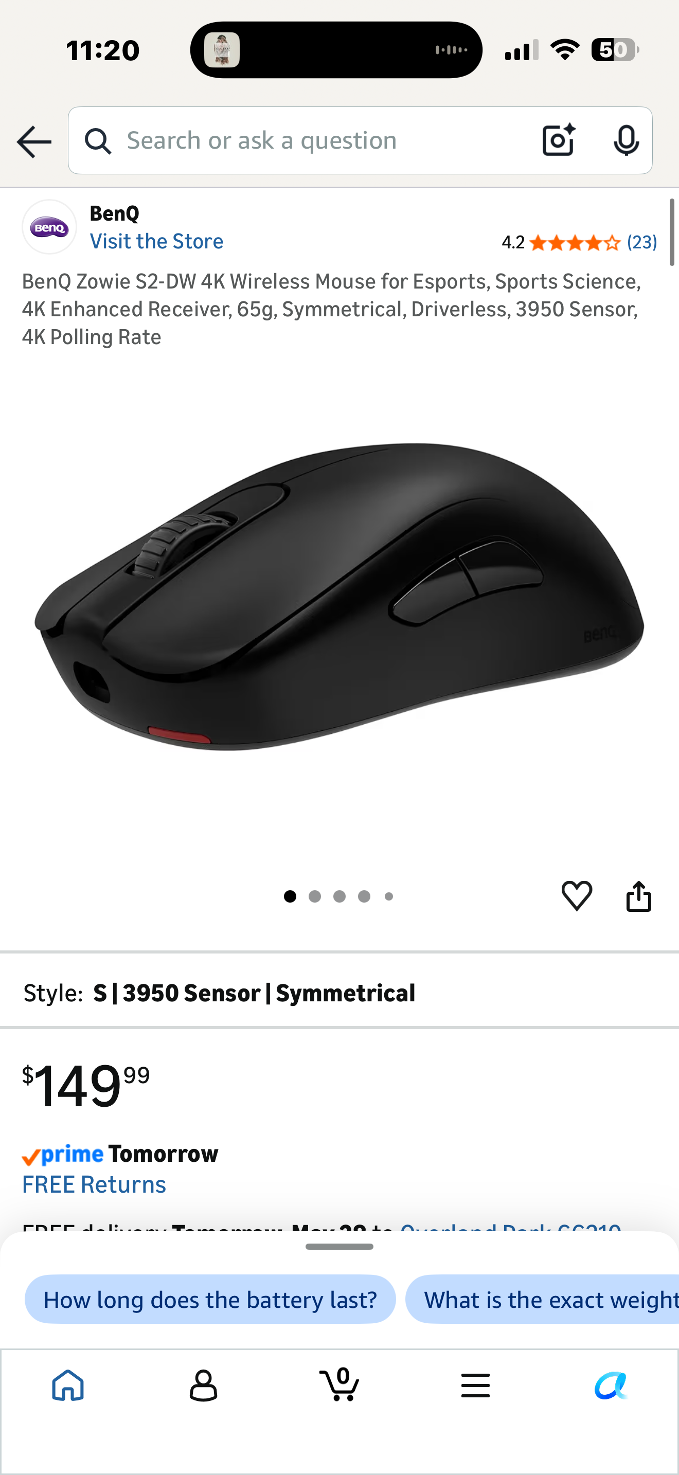 BenQ Zowie S2-DW 4K Wireless Mouse for Esports, Sports Science, 4K Enhanced Receiver, 65g, Symmetrical, Driverless, 3950 Sensor, 4K Polling Rate