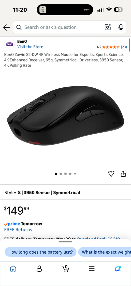 BenQ Zowie S2-DW 4K Wireless Mouse for Esports, Sports Science, 4K Enhanced Receiver, 65g, Symmetrical, Driverless, 3950 Sensor, 4K Polling Rate