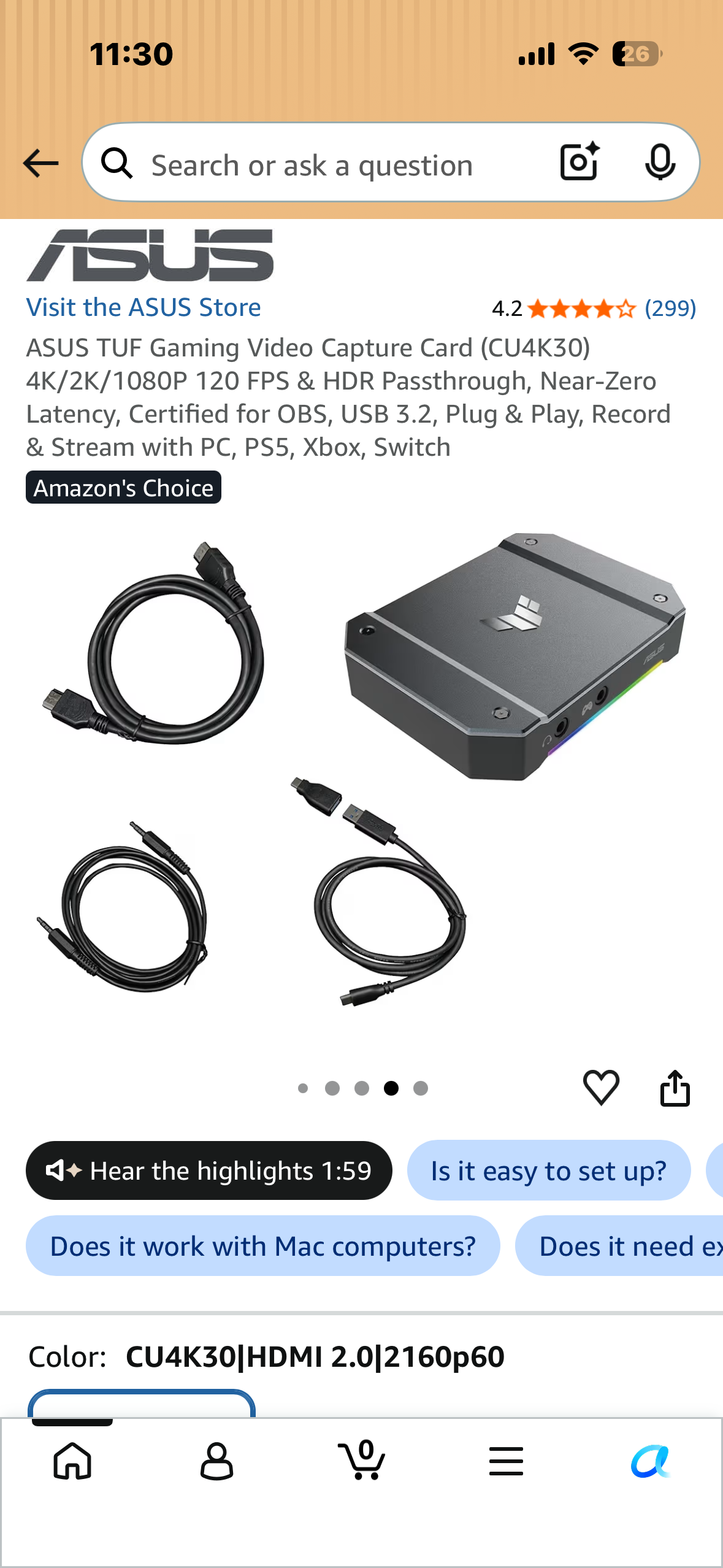 ASUS TUF Gaming Video Capture Card (CU4K30) 4K/2K/1080P 120 FPS & HDR Passthrough, Near-Zero Latency, Certified for OBS, USB 3.2, Plug & Play, Record & Stream with PC, PS5, Xbox, Switch