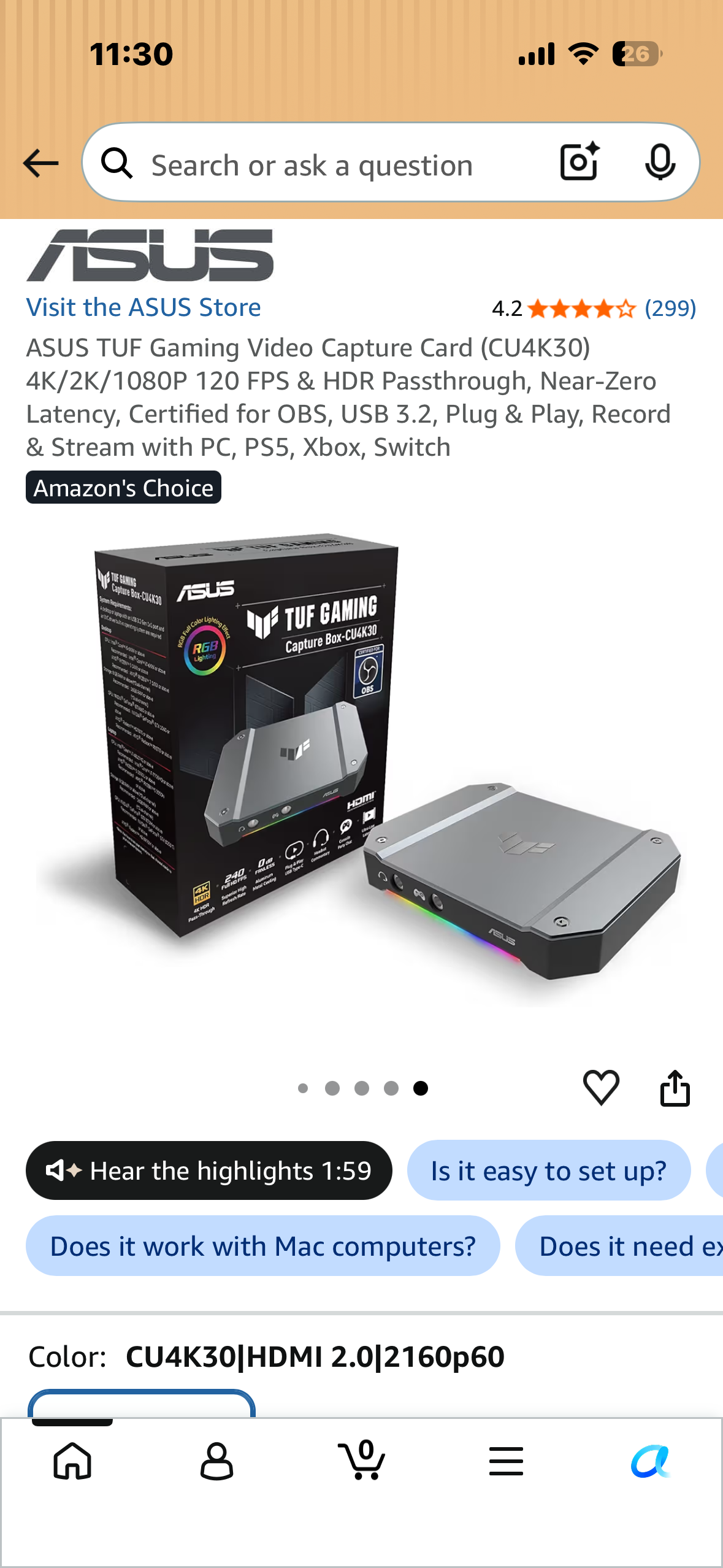 ASUS TUF Gaming Video Capture Card (CU4K30) 4K/2K/1080P 120 FPS & HDR Passthrough, Near-Zero Latency, Certified for OBS, USB 3.2, Plug & Play, Record & Stream with PC, PS5, Xbox, Switch