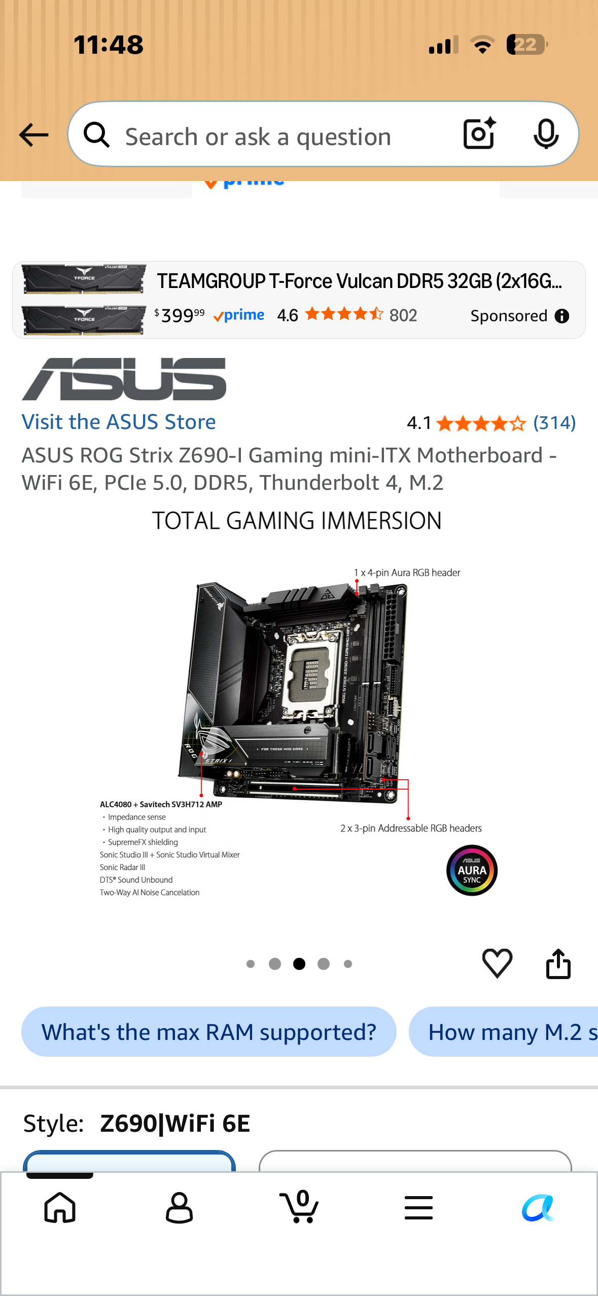 ASUS ROG Strix Z690-I Gaming mini-ITX Motherboard - WiFi 6E, PCIe 5.0, DDR5, Thunderbolt 4, M.2 (Bin 154)