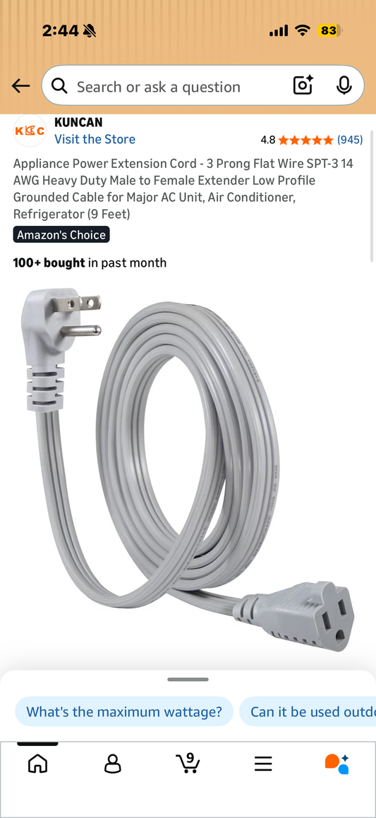 Appliance Power Extension Cord - 3 Prong Flat Wire SPT-3 14 AWG Heavy Duty Male to Female Extender Low Profile Grounded Cable for Major AC Unit, Air Conditioner, Refrigerator (9 Feet