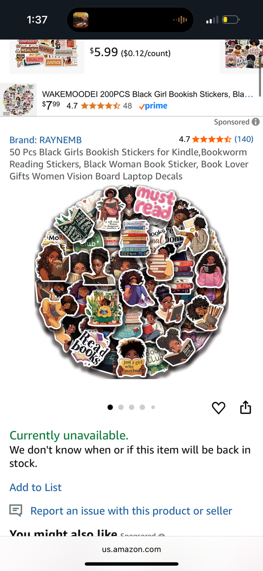 ‼️2 for $3‼️ 50 Pcs Black Girls Bookish Stickers for Kindle,Bookworm Reading Stickers, Black Woman Book Sticker, Book Lover Gifts Women Vision Board Laptop Decals