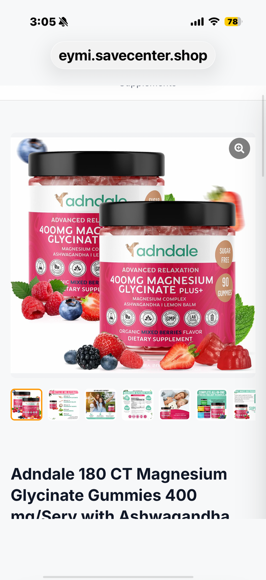 2 Packages Adndale 180 CT Magnesium Glycinate Gummies 400 mg/Serv with mAshwagandha, Magnesium Malate & Taurate, Sugar Free Chews for Adults & Kids (Best By 2028)
