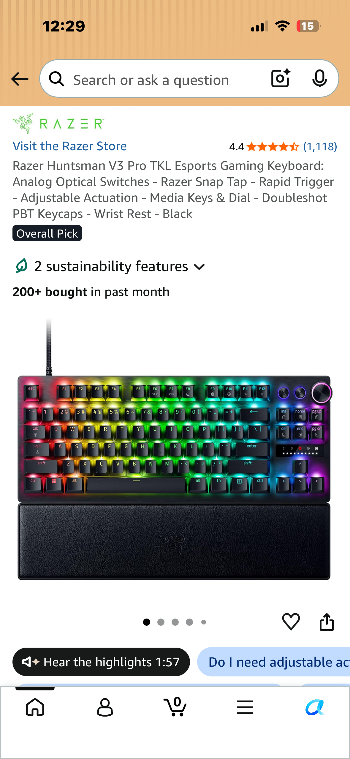 Razer Huntsman V3 Pro TKL Esports Gaming Keyboard: Analog Optical Switches - Razer Snap Tap - Rapid Trigger - Adjustable Actuation - Media Keys & Dial - Doubleshot PBT Keycaps - Wrist Rest - Black (Bin 99)
